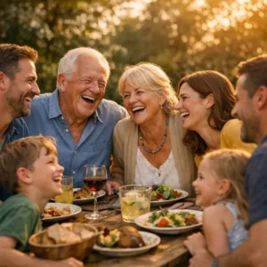 Grande família com avós, pais e crianças rindo e se divertindo juntos em um almoço ao ar livre.