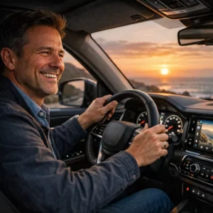 Homem sorridente dirigindo um carro novo em uma estrada no litoral durante o pôr do sol.
