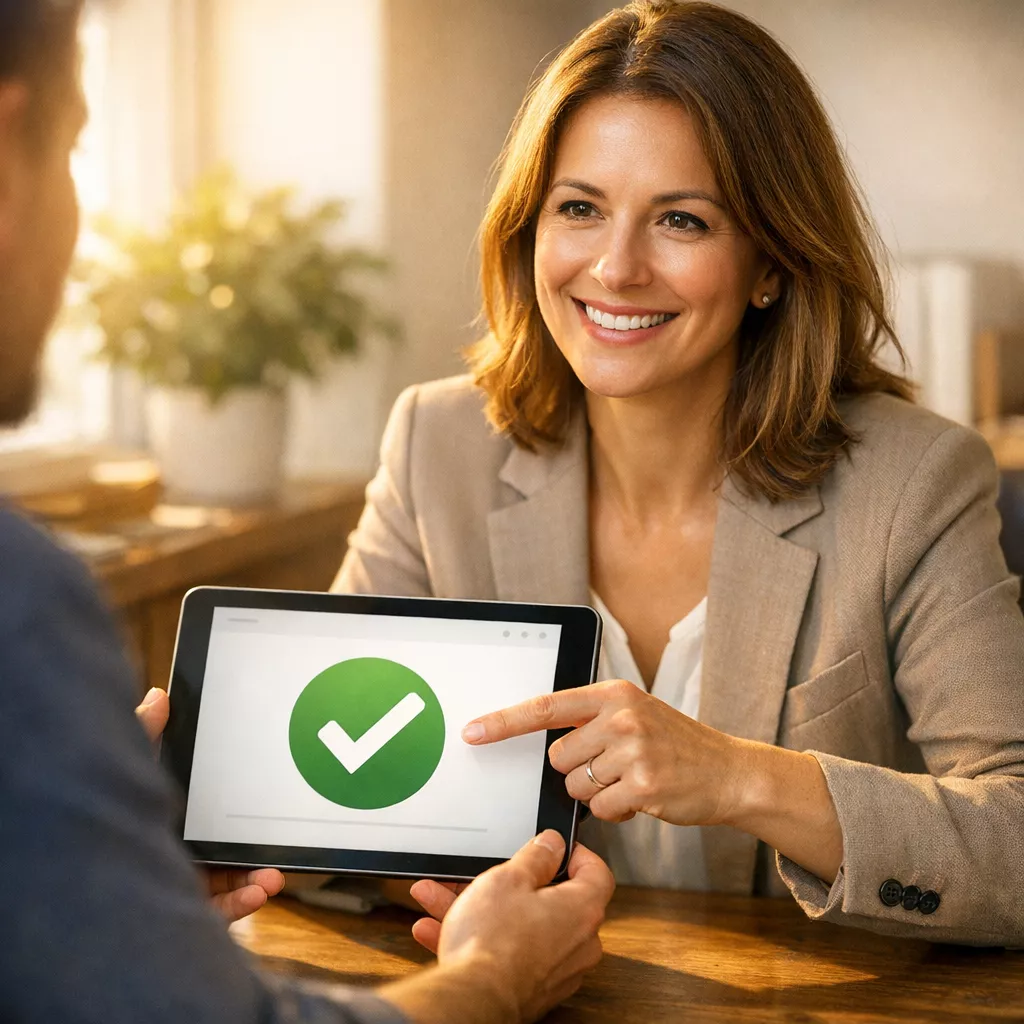 Consultora da ADN Corretora sorrindo e mostrando a um cliente um tablet com um ícone de confirmação verde.